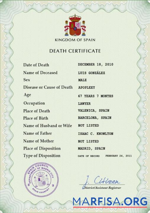 Downloadable Spain death certificate PSD template